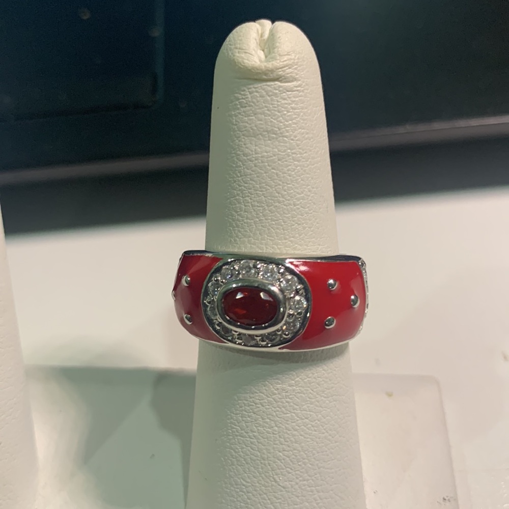 Vintage signed RP sterling silver red enamel ring rhinestones red & clear Sz 6.5 - Picture 6 of 11
